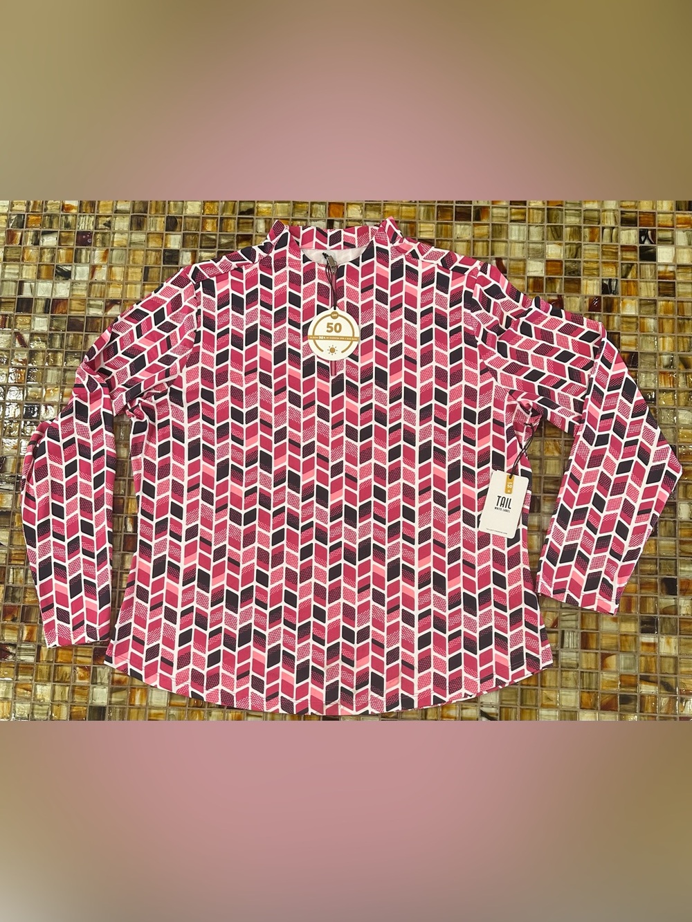 NWT Tail White Label Women’s Golf Long Sleeve Top~Glimmer Geo~Pink/Black~2XL~$70